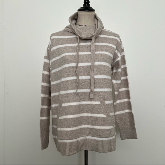 NWT Loft Striped Drawstring Neck Pocket Sweater Stone Heather - Picture 3 of 15